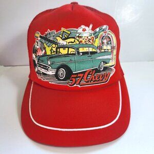 Vintage 57 Chevy Truckers Hat Red Snapback Mesh Back Soda Shop